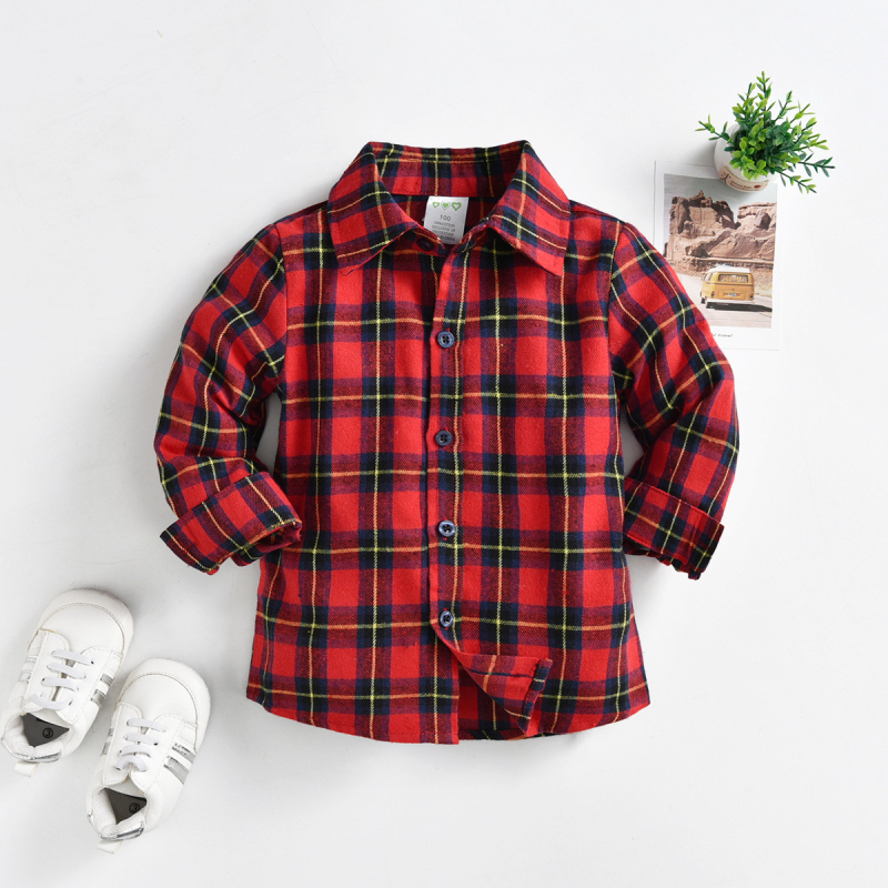 Vaikų langeliais margintas marškiniai-kardiganas su ilgomis rankovėmis, 97% medvilnė, amžius 3–8 metai