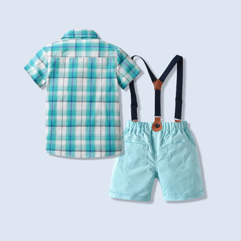 Παιδικό δύο τεμάχιο κοστούμι: πουκάμισος καρό με κοντό μανίκι και παντελόνες με τιράντες, 80% βαμβάκι, για παιδιά 3–8 ετών, καλοκαίρι