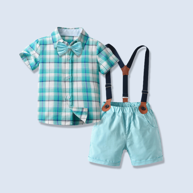 Gyerekeknek készült kockás rövid ujjú ing és pántos rövidnadrágból álló kétrészes öltöny – 80% pamut, 3–8 éveseknek, nyárra