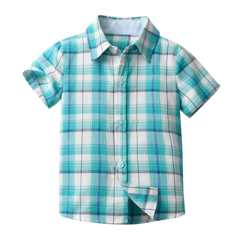 Gyerekeknek készült kockás rövid ujjú ing és pántos rövidnadrágból álló kétrészes öltöny – 80% pamut, 3–8 éveseknek, nyárra