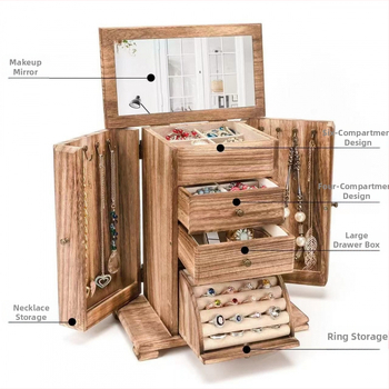 Ξύλινο κουτί κοσμημάτων, πολυεπίπεδη με διαμερίσματα, μεγάλο αποθηκευτικό χώρο για βραχιόλια, δαχτυλίδια, σκουλαρίκια και κολιέ, δυνατότητα προσαρμογής και εκτύπωσης λογοτύπου