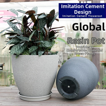 Gėlių vazonas iš dervos, kvėpuojantis, atsparus korozijai ir patvarus; tinkamas stalui ar grindims.