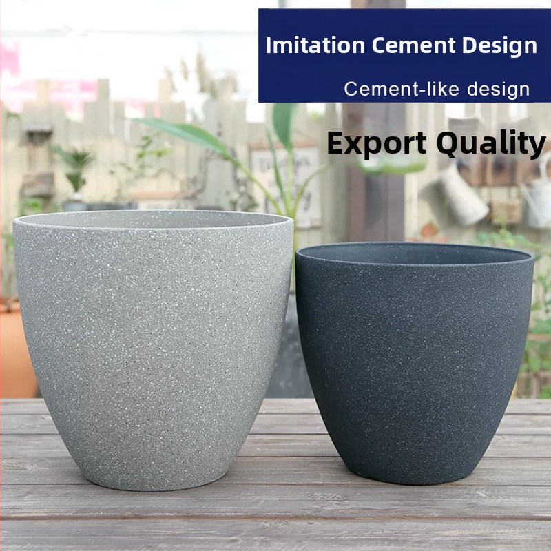 Gėlių vazonas iš dervos, kvėpuojantis, atsparus korozijai ir patvarus; tinkamas stalui ar grindims.