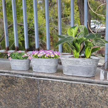 Cinkuotas plieninis gėlių vazonas – sieninis, stalinis arba grindų naudojimui; tinkamas namų dekorui ir sodui.
