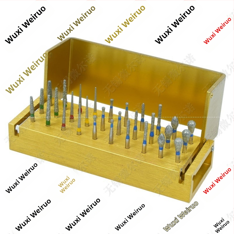 Dentālais komplekts ar 30 karborunduma frēzēm ar frēžu turētāju, augstas ātruma fresa kastē, polirošanas un slīpēšanas galviņas — iepakojums 200 kastēs