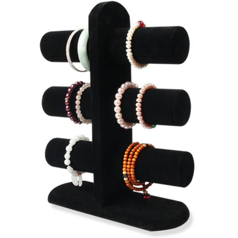 Vertikalus trijų lygių juvelyrinių parodų laikiklis iš medžio su flanelės įdaila, Wang Font stilius, spausdintas logotipas, be pritaikymo