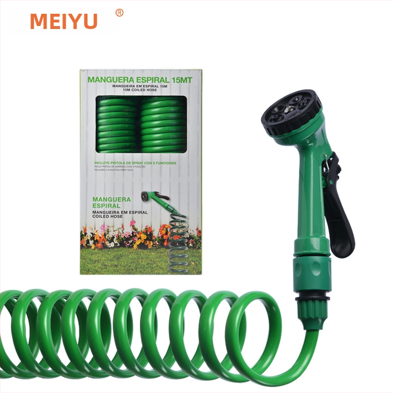 Meiyu mājas augstas spiediena ūdens pistoles komplekts ar spirālveida cauruli un teleskopisku ūdens cauruļ, plastmasas pistoles galva, 5 funkcijas