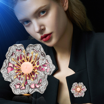 Καρφίτσα λουλουδιών με βάση χαλκού, ζιρκόν ενθέτης, γυναικείο κινεζικό στυλ, ανθώδες σχέδιο, τεχνική ένθεσης