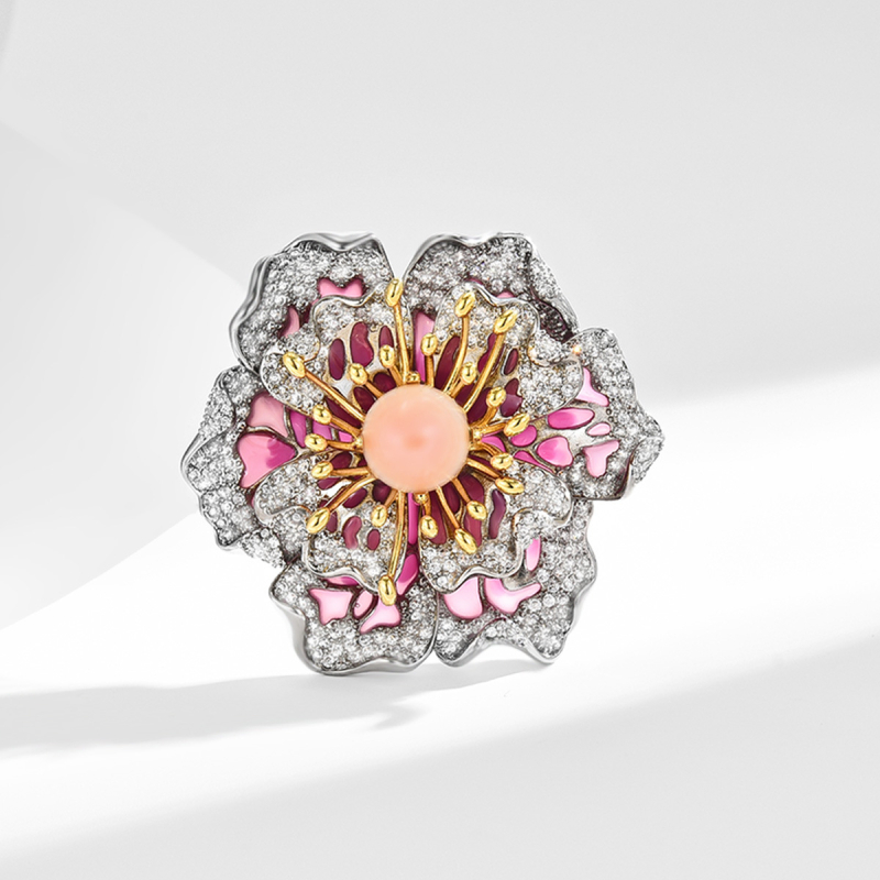 Брошка със цветя, медна основа, циркон инлей, женски китайски стил, флорална композиция, функция: украса