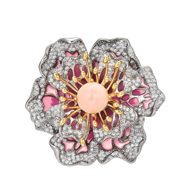 Брошка със цветя, медна основа, циркон инлей, женски китайски стил, флорална композиция, функция: украса