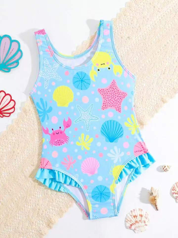 Ολόσωμο μαγιό κοριτσιών με θέμα γοργόνα, ρυθμιζόμενοι ιμάντες, καρτούν μοτίβο, ελαστικό πολυεστέρα για κολύμβηση και παιχνίδι με νερό