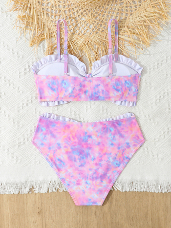 Για κορίτσια 6–12 ετών, μαγιό δύο τεμαχίων με χωριστό σχεδιασμό, ριφλέ άκρη και tie-dye μοτίβο, πολυεστέρας