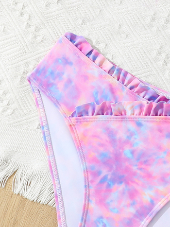 Για κορίτσια 6–12 ετών, μαγιό δύο τεμαχίων με χωριστό σχεδιασμό, ριφλέ άκρη και tie-dye μοτίβο, πολυεστέρας