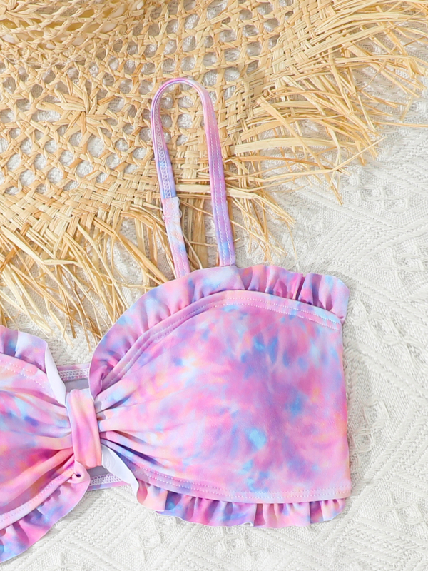 Za djevojčice 6–12 godina, dvodijelni kupaći kostim s podijeljenim krojem, rub s volanima i tie-dye uzorak, od poliestera