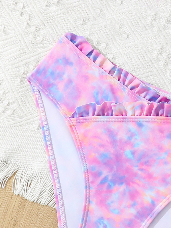 Za djevojčice 6–12 godina, dvodijelni kupaći kostim s podijeljenim krojem, rub s volanima i tie-dye uzorak, od poliestera