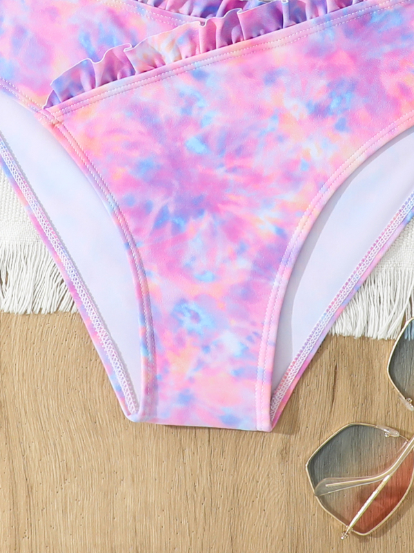 Za djevojčice 6–12 godina, dvodijelni kupaći kostim s podijeljenim krojem, rub s volanima i tie-dye uzorak, od poliestera