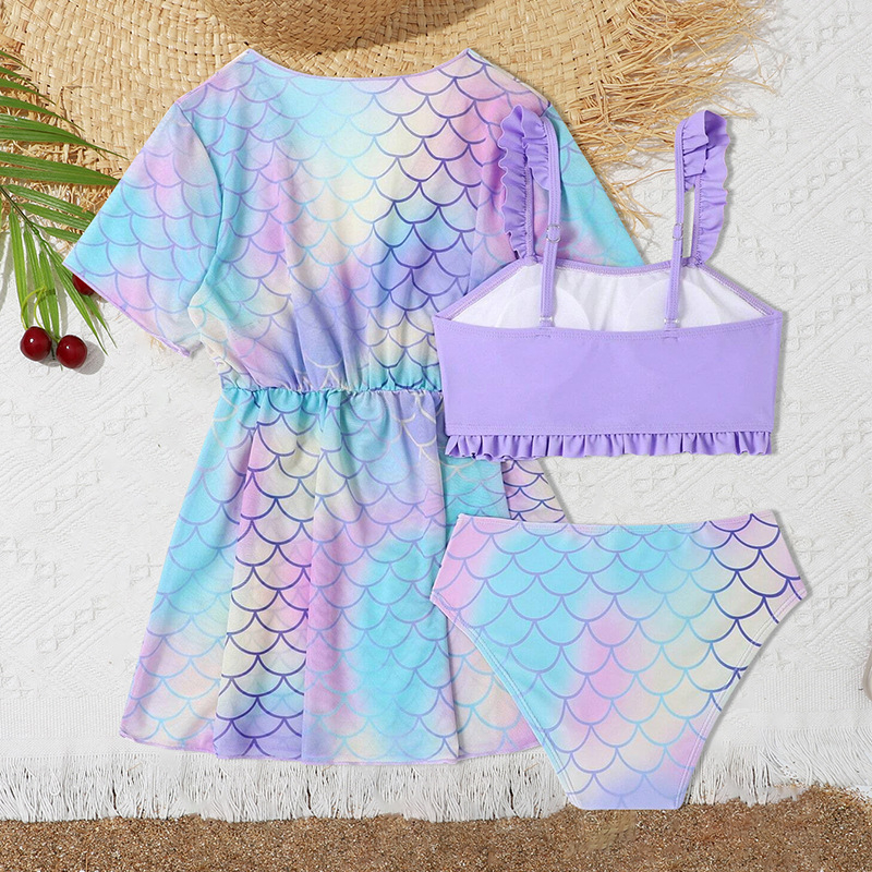 Vaikų tris dalių maudymosi kostiumėlis mergaitėms, su sulaužytų gėlių raštu, 80% poliesterio audinys ir 80% poliesterio pamušalas, tinkamas plaukiojimui ir vandens veiklai.