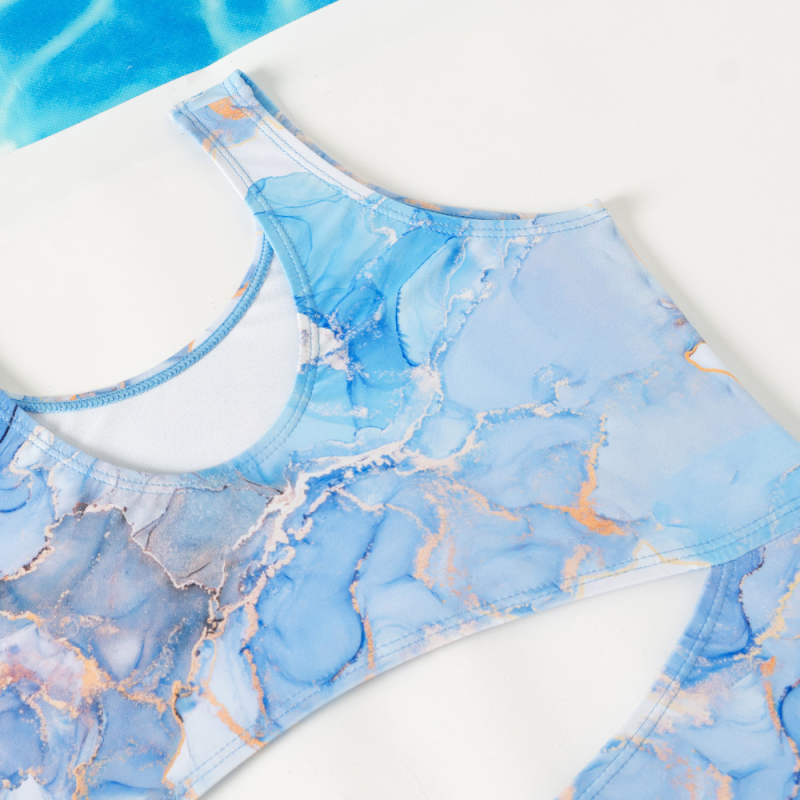 Κοριτσίστικο ολόσωμο μαγιό χωρίς μανίκια, με ψηλή μέση και ανοιχτή πλάτη, εκτύπωση μάρμαρο tie-dye; ύφασμα πολυεστέρας 85%, επένδυση νάιλον 82%; βάρος 0.12