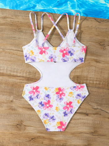 Κοριτσίστικο ολόσωμο μαγιό με διπλές τιράντες, σταυρωτό πίσω, floral μοτίβο, πολυεστέρας με επένδυση πολυεστέρα