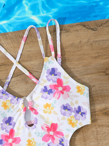 Κοριτσίστικο ολόσωμο μαγιό με διπλές τιράντες, σταυρωτό πίσω, floral μοτίβο, πολυεστέρας με επένδυση πολυεστέρα