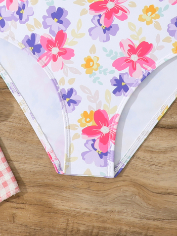 Κοριτσίστικο ολόσωμο μαγιό με διπλές τιράντες, σταυρωτό πίσω, floral μοτίβο, πολυεστέρας με επένδυση πολυεστέρα