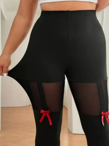 Ženské legíny s vysokým pásom a ozdobou zo sieťky mašľou — jednofarebné, elastické zloženie polyester-elastan, úzky strih