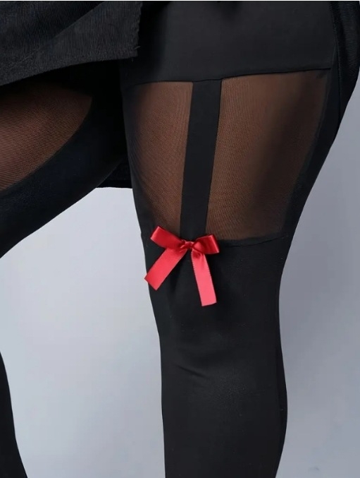 Ženské legíny s vysokým pásom a ozdobou zo sieťky mašľou — jednofarebné, elastické zloženie polyester-elastan, úzky strih