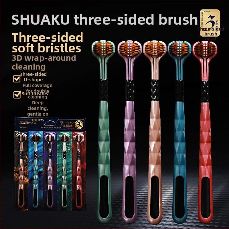 Brush Cool тристранна четка за зъби за възрастни, модел 995, ръчна, пакет 5 бр., скрепер за език