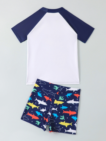 Σετ μαγιό δύο τεμαχίων για αγόρια με πάνω μέρος κοντών μανικιών και βερμούδα, σχέδιο καρτούν, πολυεστέρας, 82% πολυεστέρας, ηλικία 6-12