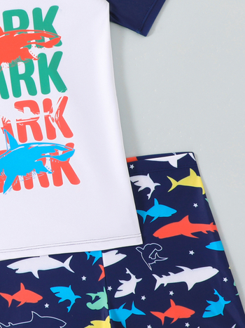 Σετ μαγιό δύο τεμαχίων για αγόρια με πάνω μέρος κοντών μανικιών και βερμούδα, σχέδιο καρτούν, πολυεστέρας, 82% πολυεστέρας, ηλικία 6-12