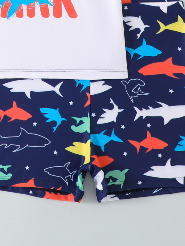 Детски двучастов бански за момчета с горнище с къси ръкави и шорти, cartoon принт, полиестер, 82% полиестер, възраст 6-12