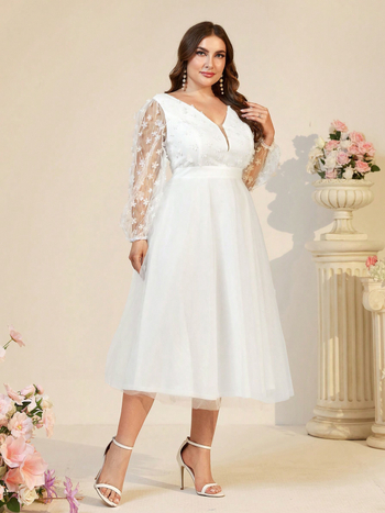 Елегантна дълга рокля с А-линия, V-образно деколте и ръкави тип фенерче, полиестер 95%+