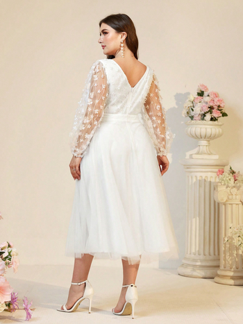 Елегантна дълга рокля с А-линия, V-образно деколте и ръкави тип фенерче, полиестер 95%+