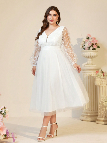 Елегантна дълга рокля с А-линия, V-образно деколте и ръкави тип фенерче, полиестер 95%+