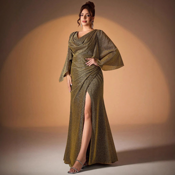 Vakarinė suknelė vakarėliui, ilgomis rankovėmis, U formos kaklas, ilga sijonė, poliesterio audinys