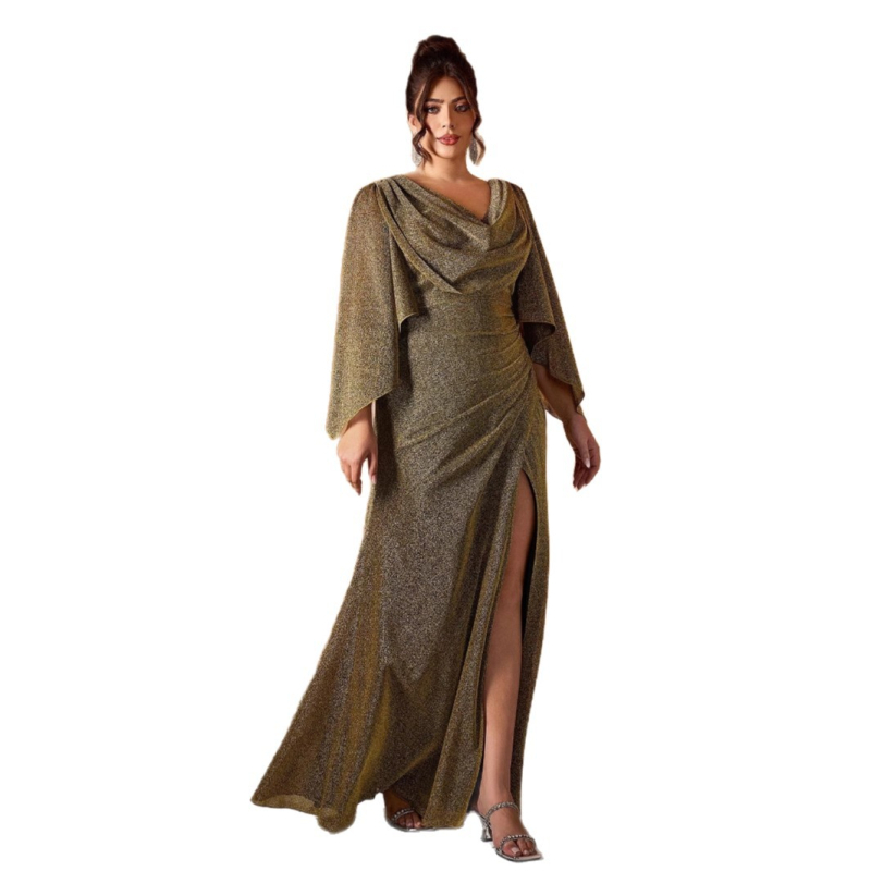 Vakarinė suknelė vakarėliui, ilgomis rankovėmis, U formos kaklas, ilga sijonė, poliesterio audinys