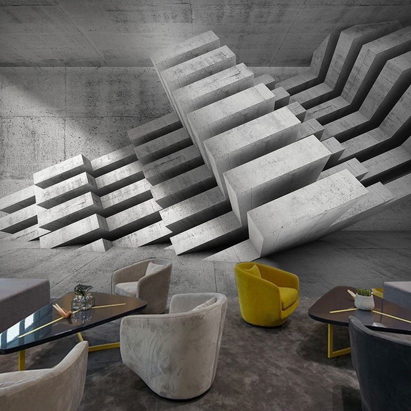 Retro pramoninio stiliaus cemento tapetai su 3D geometriniu dizainu, atsparus drėgmei šilko sienos audinys barų ir restoranų interjerams