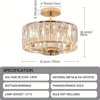 Модерен кристален таванен светилник за коридор, спалня и ресторант, железно тяло и кристален абажур, LED енергоспестяваща светлина, ≤36V, CE сертифициран, обхват 5–10㎡, CRI 70–80