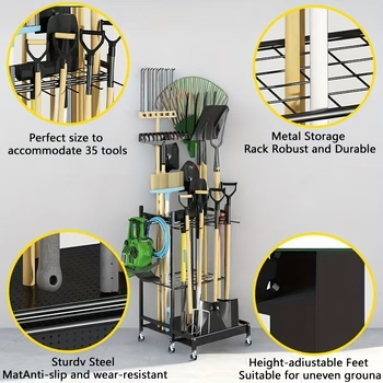3‑επιπέδων ράφι εργαλείων κήπου από ανοξείδωτο ατσάλι, τοίχο-μονταριστό, κρεμαστός οργανωτής αποθήκευσης