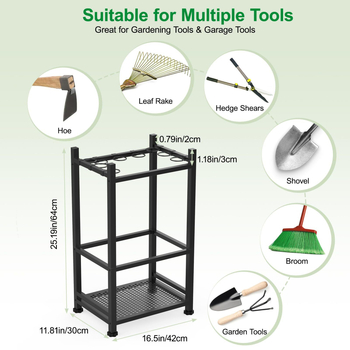 Τριών επιπέδων ράφι αποθήκευσης εργαλείων κήπου από χάλυβα άνθρακα με ρυθμιζόμενα πέλματα — φορητό, ευέλικτο, βάση δαπέδου