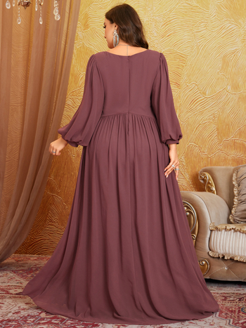 Рокля с V-образно деколте, шифон, дълги ръкави, А-линеен силует, дълга рокля