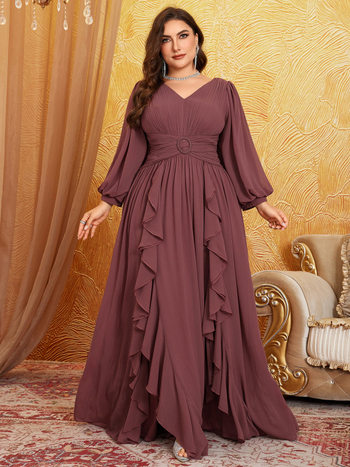 Рокля с V-образно деколте, шифон, дълги ръкави, А-линеен силует, дълга рокля