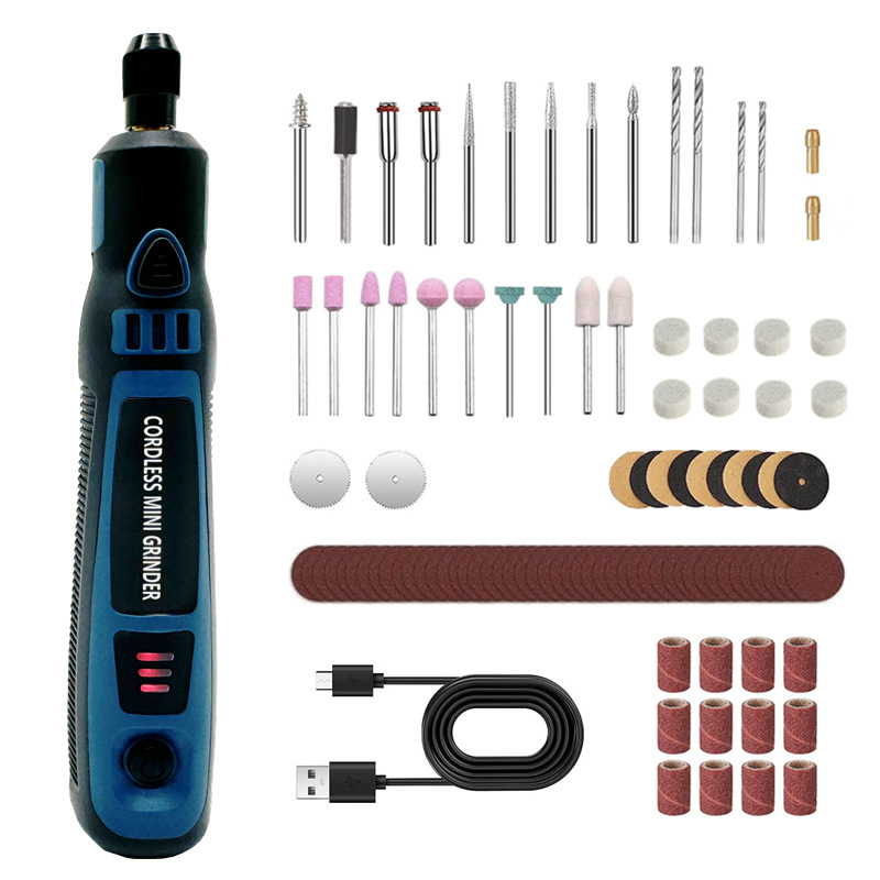 USB презареждащ мини шлайф за полиране и гравиране - три скорости, диапазон 3.7–5V, аксесоари: гравиращи игли, шаблони за рисуване, битове за пробиване и шлифовъчни глави, кабел 0.5 м