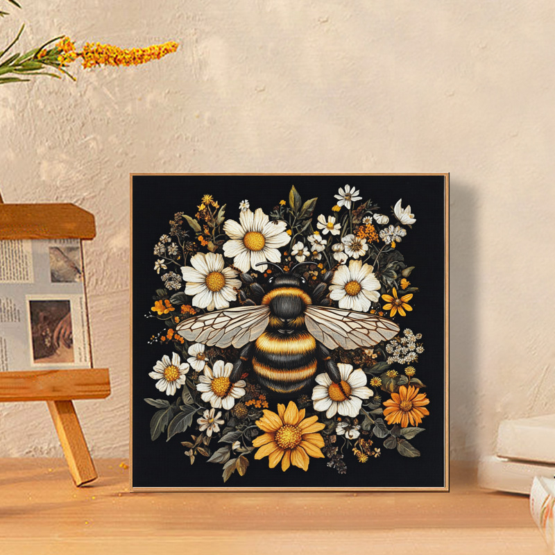 Алмазно рисуване: комплект за кръстат бод — пчела и цветя, ръчна изработка, платно 11-ct