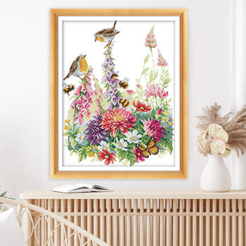 Keresztöltés készlet: madár és virág motívum, 11CT vászon, ökológiai pamut anyag, nappalihoz, hálószobához és gyerekszobához