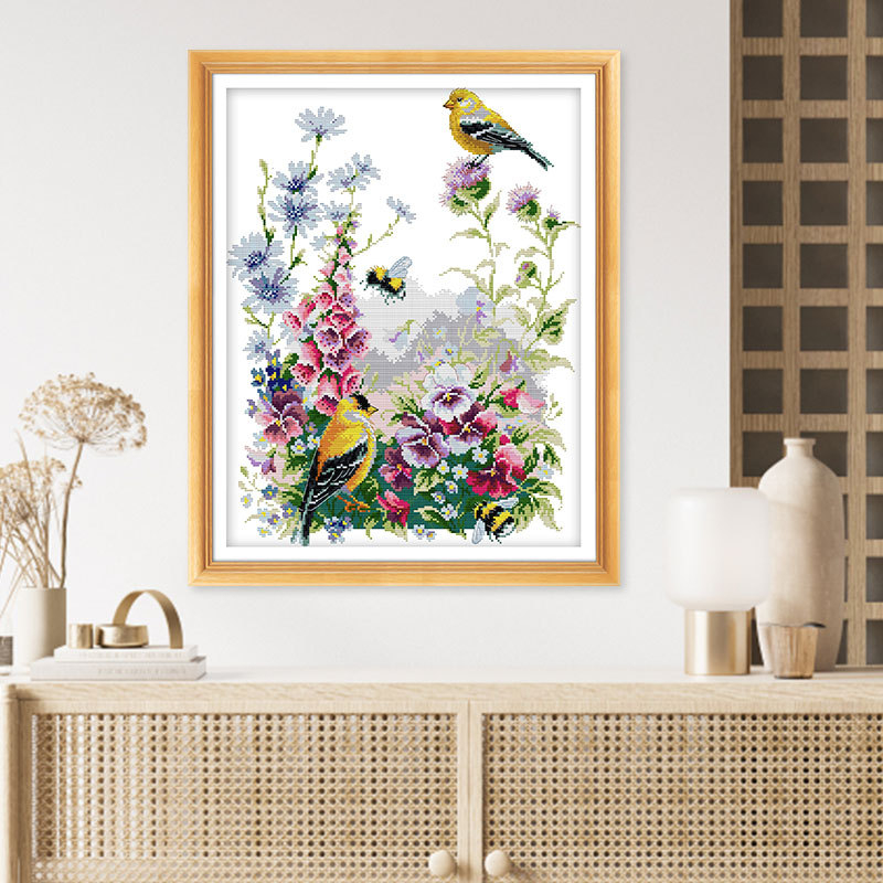 Keresztöltés készlet: madár és virág motívum, 11CT vászon, ökológiai pamut anyag, nappalihoz, hálószobához és gyerekszobához