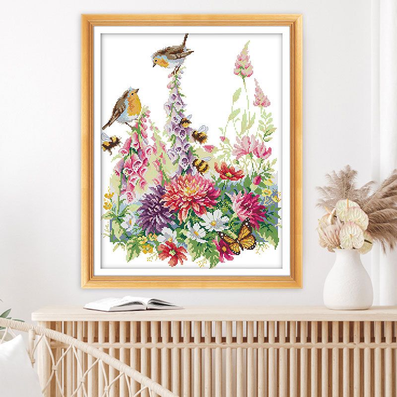 Keresztöltés készlet: madár és virág motívum, 11CT vászon, ökológiai pamut anyag, nappalihoz, hálószobához és gyerekszobához