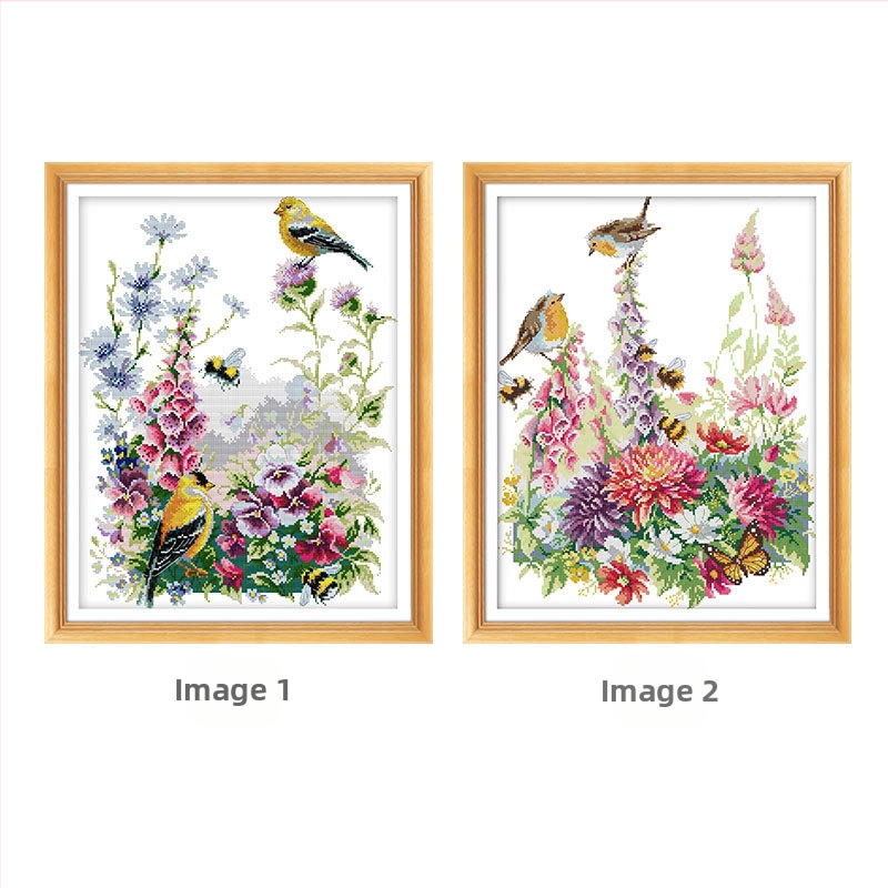Sada krížikového vyšívania: vtáky a kvety, látka 11CT, materiál z ekologickej bavlny, do obývačky, spálne a detskej izby