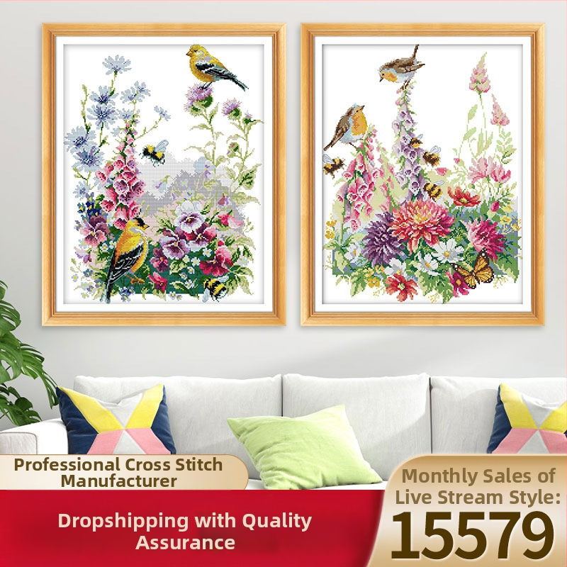 Keresztöltés készlet: madár és virág motívum, 11CT vászon, ökológiai pamut anyag, nappalihoz, hálószobához és gyerekszobához