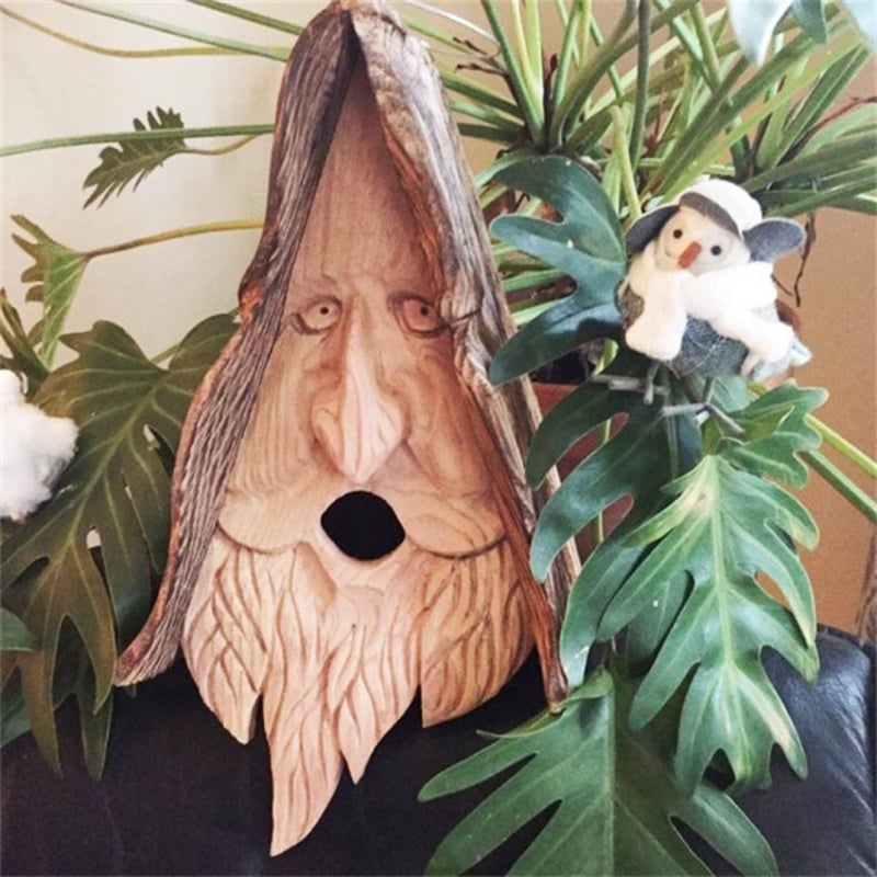 Fából készült madárház — öregember a Boldog Szellem motívummal, modern letisztult stílus, Anrui